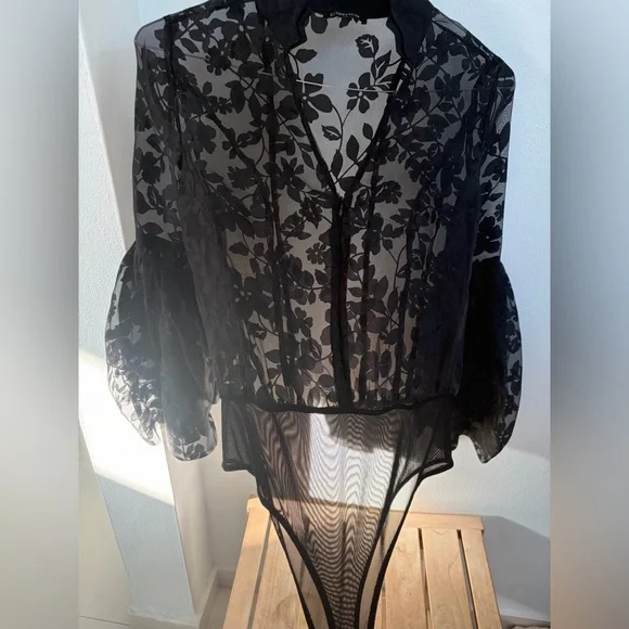 Boutique Organza Elegant Black Floral Sheer Women's blouse bodysuit - Picture 3 of 6